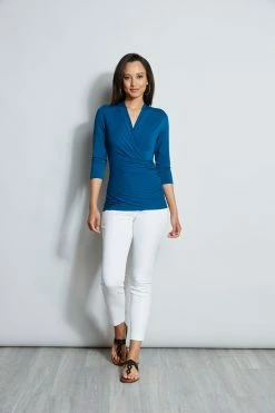Elie Tahari Mock Wrap Ruched Knit -Elie Tahari Sales 2023 E756X503 PACIFICBLUE EU8M020U WHITE 1hero 967