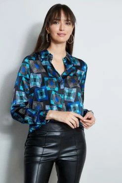 Elie Tahari Deco Cubist Silk Satin Shirt 11 Elie Tahari Deco Cubist Silk Satin Shirt -Elie Tahari Sales 2023 E805P503 MULTI E80AM203 BLACK 2front 233