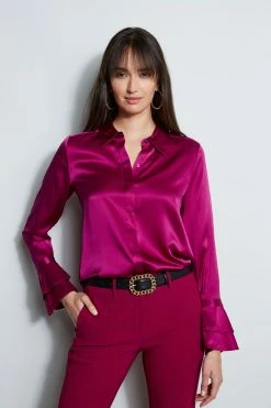 Elie Tahari Silk Satin Ruffle Cuff Shirt -Elie Tahari Sales 2023 E807G503 BOYSENBERRY E8087203 BOYSENBERRY 1Hero 1136