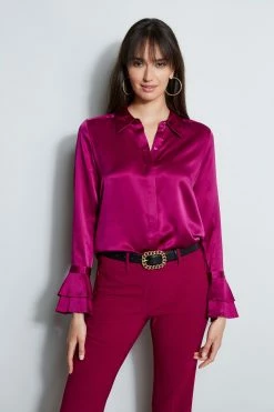 Elie Tahari Silk Satin Ruffle Cuff Shirt