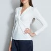 Elie Tahari Rib Twist Knot Knit -Elie Tahari Sales 2023 E856X502 LSPLEATEDVNECKTOP KNITTOP 2FRONT 2483
