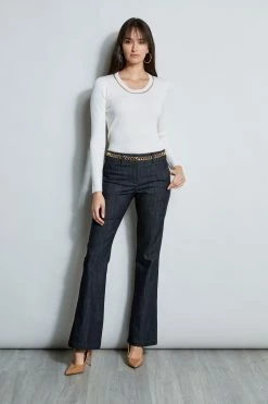 Elie Tahari Merino Rib Chain Detail Sweater -Elie Tahari Sales 2023 E85X5503 SNOW E802P203 INDIGO 4styling 939