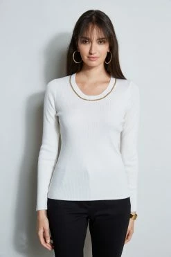 Elie Tahari Merino Rib Chain Detail Sweater -Elie Tahari Sales 2023 E85X5503 SNOW E802W203 BLACK 2FRONT 2144
