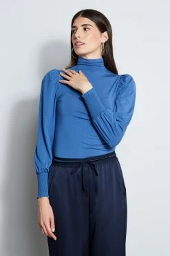 Elie Tahari Smocked Turtleneck Knit -Elie Tahari Sales 2023 E956X502 SKYLARK SMOCKEDT NECKKNIT 2FRONT 3532