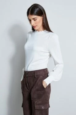 Elie Tahari Scallop Mock Neck Sweater -Elie Tahari Sales 2023 E95X5542 WAX SCALLOPT NECKSWTR 2FRONT 1881