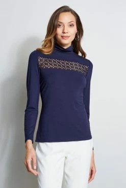 Elie Tahari Lace Insert Turtleneck Knit