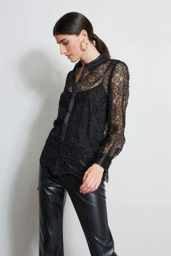 Elie Tahari Lace Button Up Shirt -Elie Tahari Sales 2023 ER03J502 BLACK 2front 187