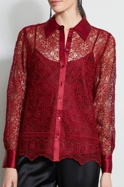 Elie Tahari Lace Button Up Shirt 9 Elie Tahari Lace Button Up Shirt -Elie Tahari Sales 2023 ER03J502 MERLOT 1HERO 370 8a29b979 bb05 4677 b8db eadd54d22540
