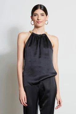 Elie Tahari Silk Satin Chain Halter Shirt