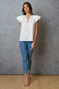 Pleated Flutter Sleeve Shirt -Elie Tahari Sales 2023 ETR21299 POPLIN SKYWHITE SL TOP 1HERO 717