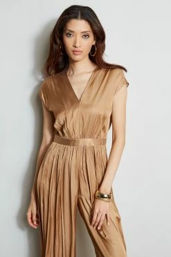Pleated V-Neck Jumpsuit 10 Pleated V-Neck Jumpsuit -Elie Tahari Sales 2023 ETR21337 BRONZE 2front 627