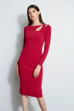 Novelty Cut Out Rib Dress -Elie Tahari Sales 2023 ETR22468 DEEPCERISE NOVELTYCUTOUTDRESS 2front 4190