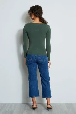 Long Sleeve Square Neck Rib Sweater -Elie Tahari Sales 2023 ETR22471 SQUARENECKPULLOVER FOREST 3back 1212