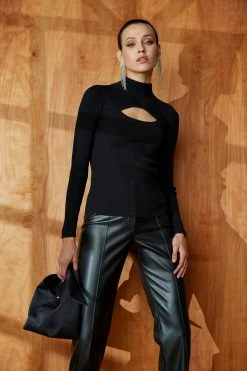 Long Sleeve Mock Neck Keyhole Sweater -Elie Tahari Sales 2023 ETR22496 NOIR MOCKNECKPULLOVER 1220