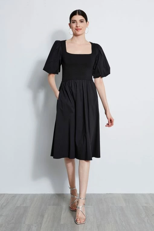 Puff Sleeve Cotton Dress -Elie Tahari Sales 2023 ETR31231 NOIR 1HERO 3370