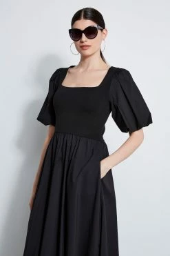 Puff Sleeve Cotton Dress -Elie Tahari Sales 2023 ETR31231 NOIR 2front5377