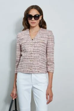 Tweed Crest Button Jacket -Elie Tahari Sales 2023 ETR32110 PINK 2front 1764