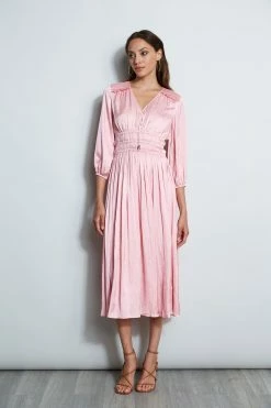 Satin Smocked Pleat Dress -Elie Tahari Sales 2023 ETR32133 SOHOPINK 1Hero 1932