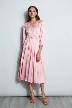 Satin Smocked Pleat Dress -Elie Tahari Sales 2023 ETR32133 SOHOPINK 1Hero 1935