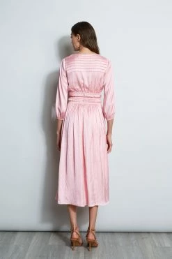 Satin Smocked Pleat Dress -Elie Tahari Sales 2023 ETR32133 SOHOPINK 3back 299