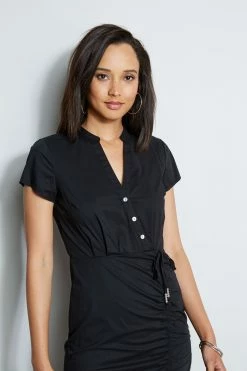 Ruched Cotton Shirt Dress -Elie Tahari Sales 2023 ETR32135 NOIR 2FRONT 1227
