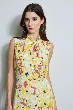 Floral Silk Twist Neck Dress -Elie Tahari Sales 2023 ETR32179 WATERCOLORBLOOMS 2FRONT 1056