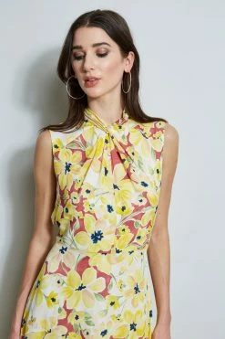 Floral Silk Twist Neck Dress -Elie Tahari Sales 2023 ETR32179 WATERCOLORBLOOMS 2FRONT 1060