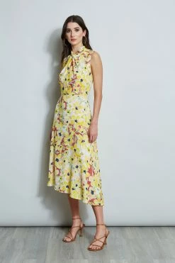 Floral Silk Twist Neck Dress -Elie Tahari Sales 2023 ETR32179 WATERCOLORBLOOMS 4STYLING 1027