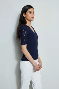 Crochet Sleeve V-Neck Sweater 9 Crochet Sleeve V-Neck Sweater -Elie Tahari Sales 2023 ETR32187 RICHNAVY 2front 2564