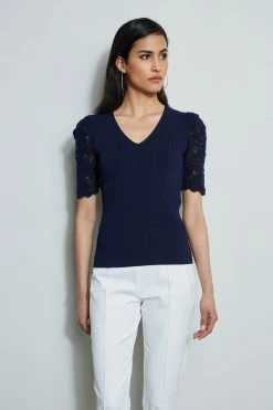 Crochet Sleeve V-Neck Sweater 10 Crochet Sleeve V-Neck Sweater -Elie Tahari Sales 2023 ETR32187 RICHNAVY 2front 2565