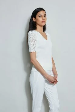 Crochet Sleeve V-Neck Sweater -Elie Tahari Sales 2023 ETR32187 SKYWHITE 2FRONT 1167