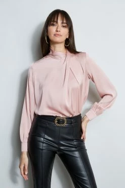 Draped Neck Silk Shirt -Elie Tahari Sales 2023 ETR34136 CINDER E80AM203 BLACK 2front 269