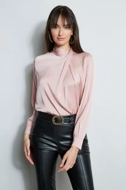 Draped Neck Silk Shirt -Elie Tahari Sales 2023 ETR34136 CINDER E80AM203 BLACK 2front 273