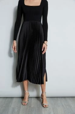 Square Neck Pleated Midi Dress -Elie Tahari Sales 2023 ETR34137 NOIR 2FRONT 2426