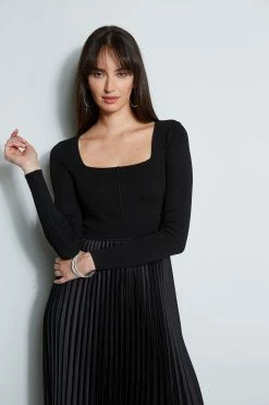 Square Neck Pleated Midi Dress -Elie Tahari Sales 2023 ETR34137 NOIR 2FRONT 2430