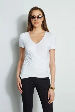 Elie Tahari Ruched Sleeve V-Neck Knit